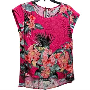 Rose & Thyme Pink Tropical Floral Short Sleeve Blouse Hi Low Hem NWT Size Small